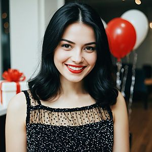 Smiling Woman in Black Dress with Red Lipstick
