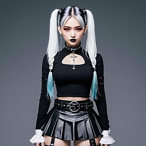 Confident Young Woman with Silver and Turquoise Hair in Gothic Outfit