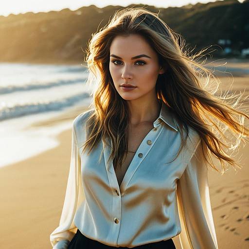 Woman on Beach at Golden Hour Wearing Silky Blouse