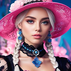 Young Woman in Pink Hat with Blue Eyes and Braids