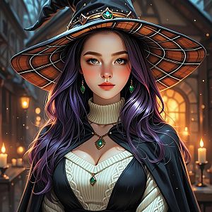 Witch with Purple Hair and Gemmed Hat in Medieval Setting