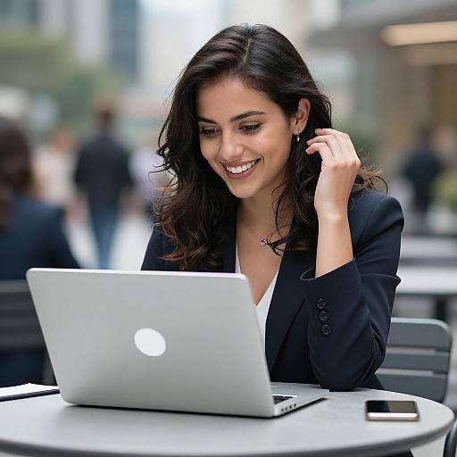 Smiling Business Woman Working on Laptop at Outdoor Cafe