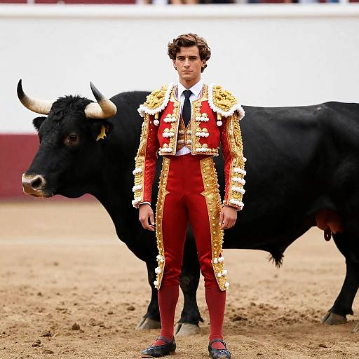 Young Matador in Red and Gold Costume Standing with Bull in Bullring