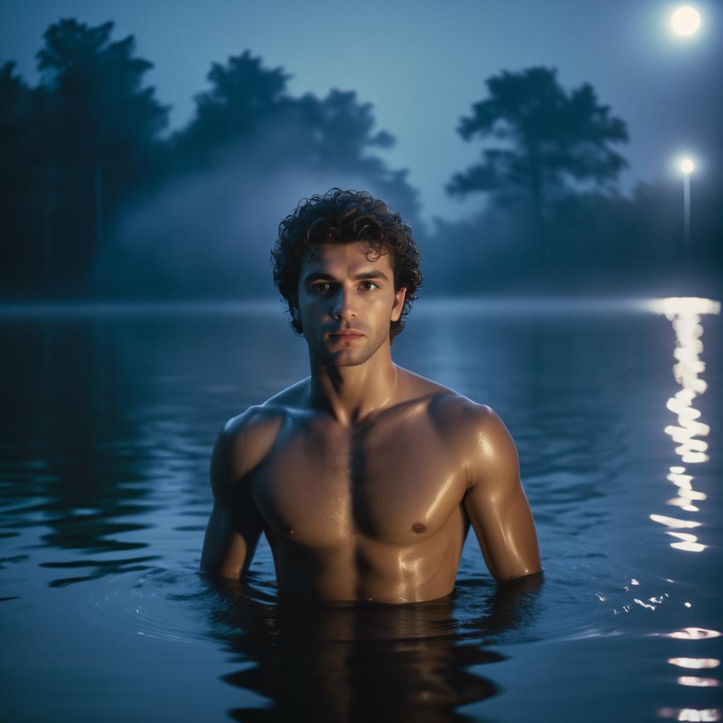 Confident Young Man in Misty Lake at Dusk