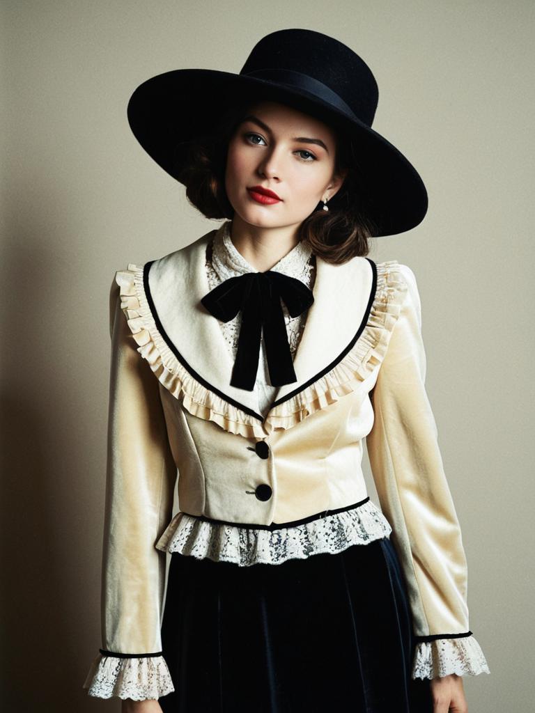 Vintage Victorian Style Woman in Cream Jacket and Black Wide-Brim Hat