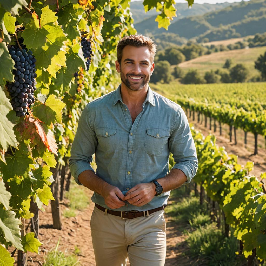 Cheerful Man on Vineyard Tour