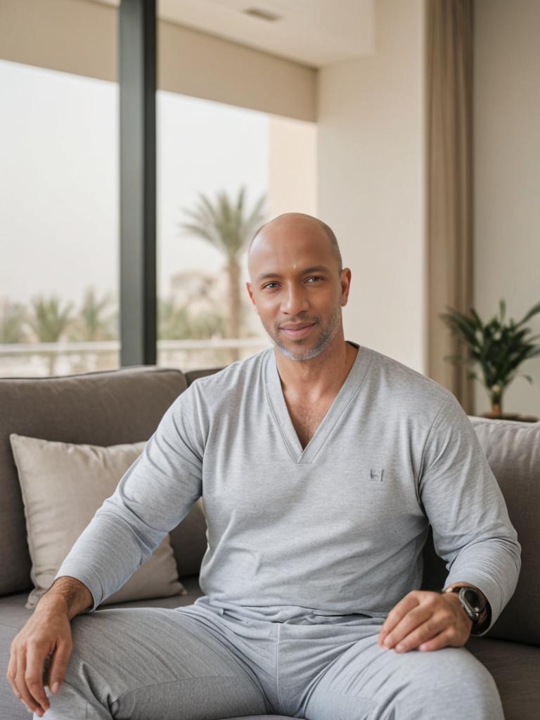 Man in Grey Outfit on Modern Couch in Light-Filled Living Room