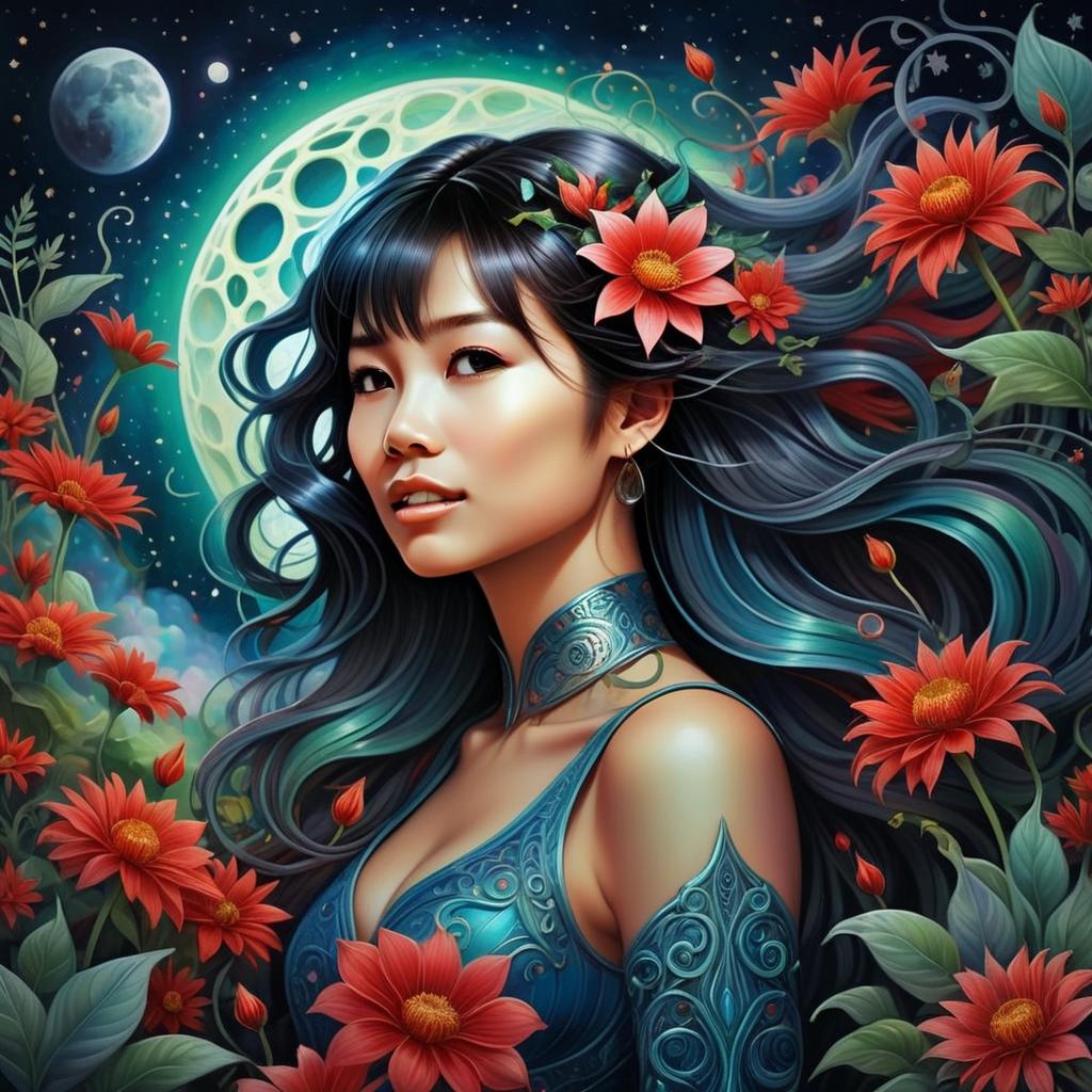 Fantasy Portrait of Woman with Floral Hair and Moonlit Background