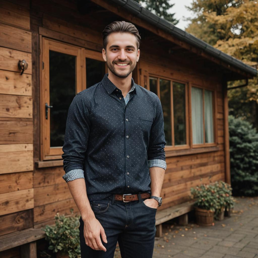 Confident man in polka dot shirt by rustic cabin