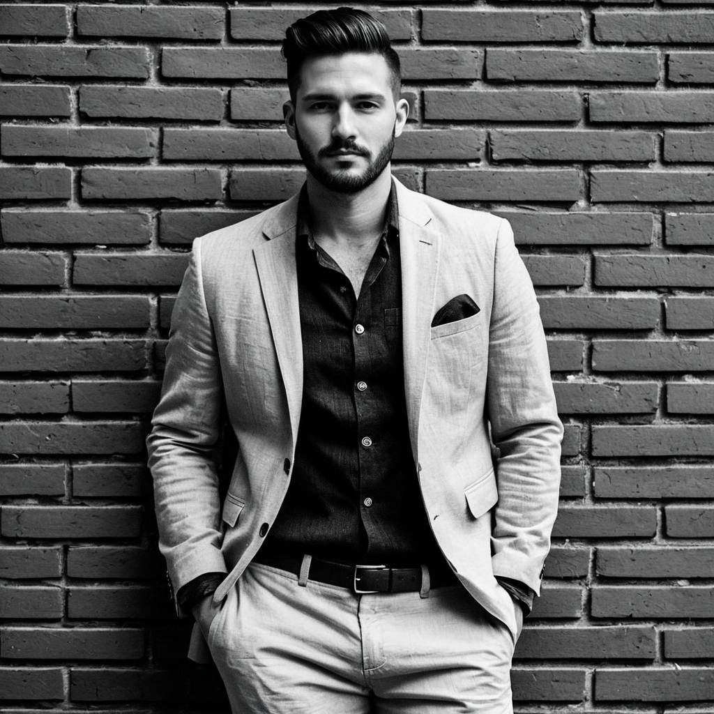 Confident Man in Light Suit Against Brick Wall