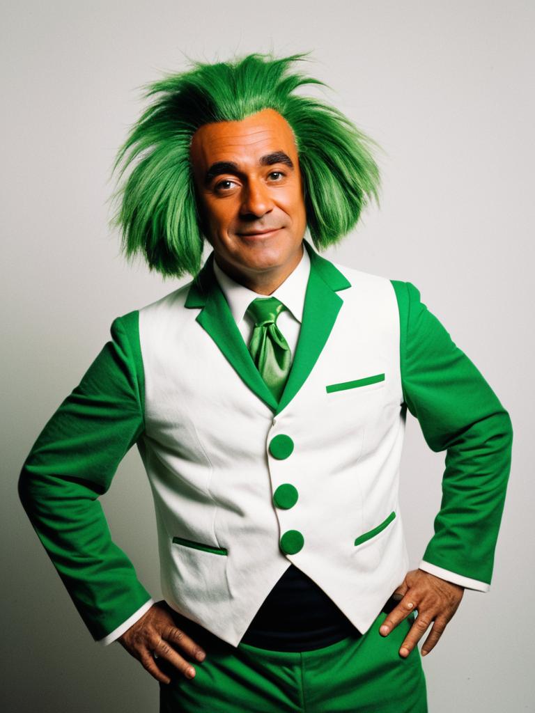 Photorealistic Man in Oompa Loompa Costume with Vibrant Green Hair Studio Portrait