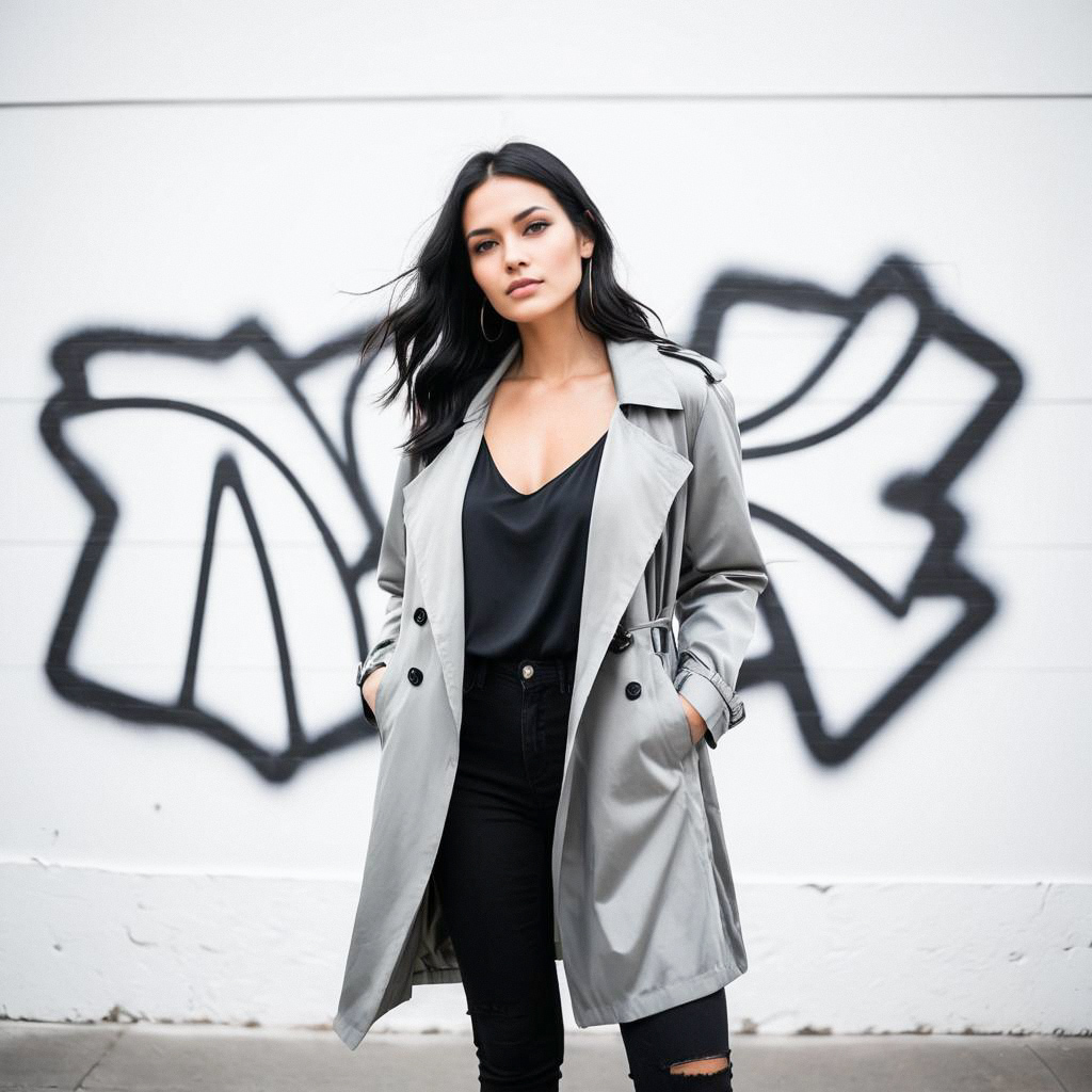 Confident Woman in Gray Trench Coat Against Graffiti Wall