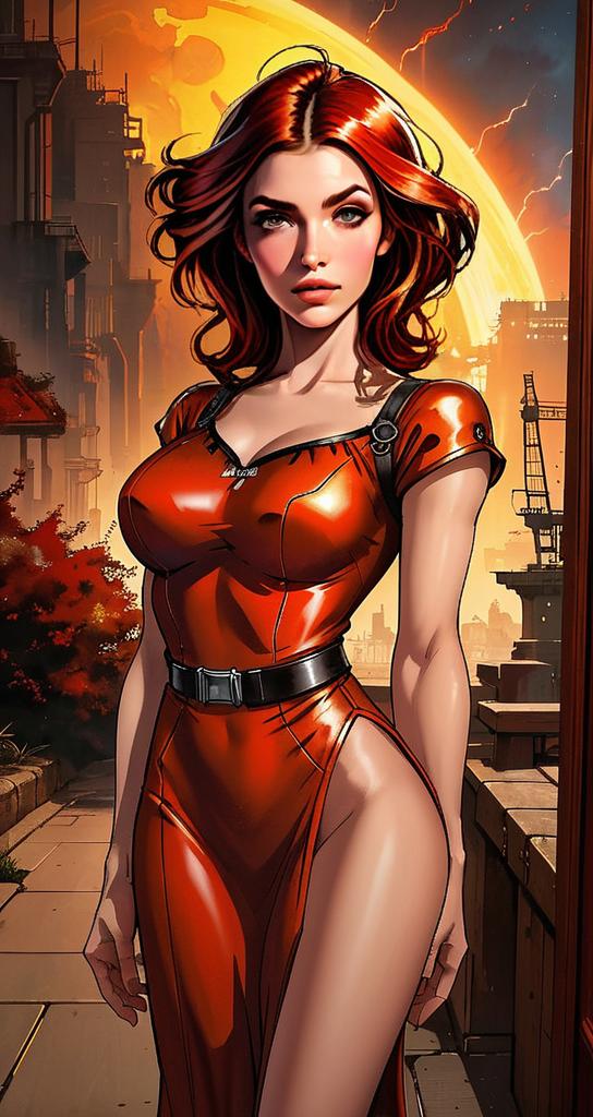 Futuristic Red-Haired Woman in Sci-Fi Cyberpunk Cityscape Digital Art