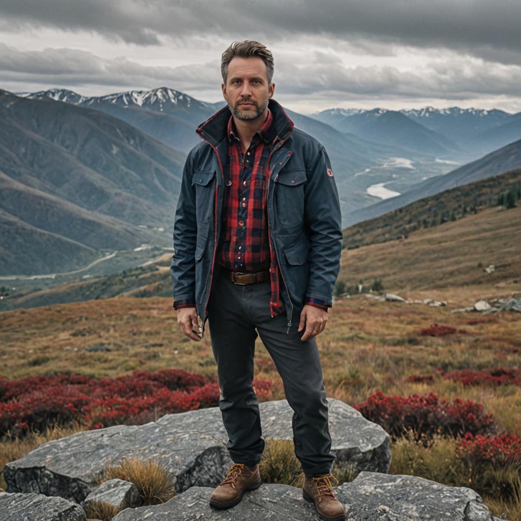 Man on Rocky Terrain with Mountain Backdrop