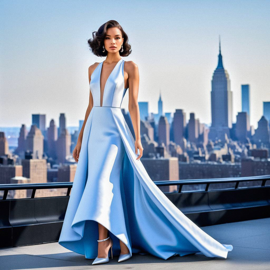 Elegant Woman in Light Blue Gown with NYC Skyline