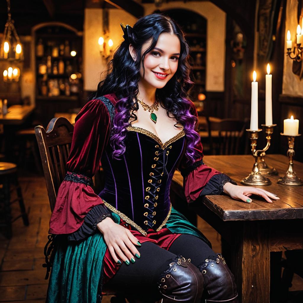 Woman in Renaissance Style Costume Sitting in Rustic Tavern with Candlelight