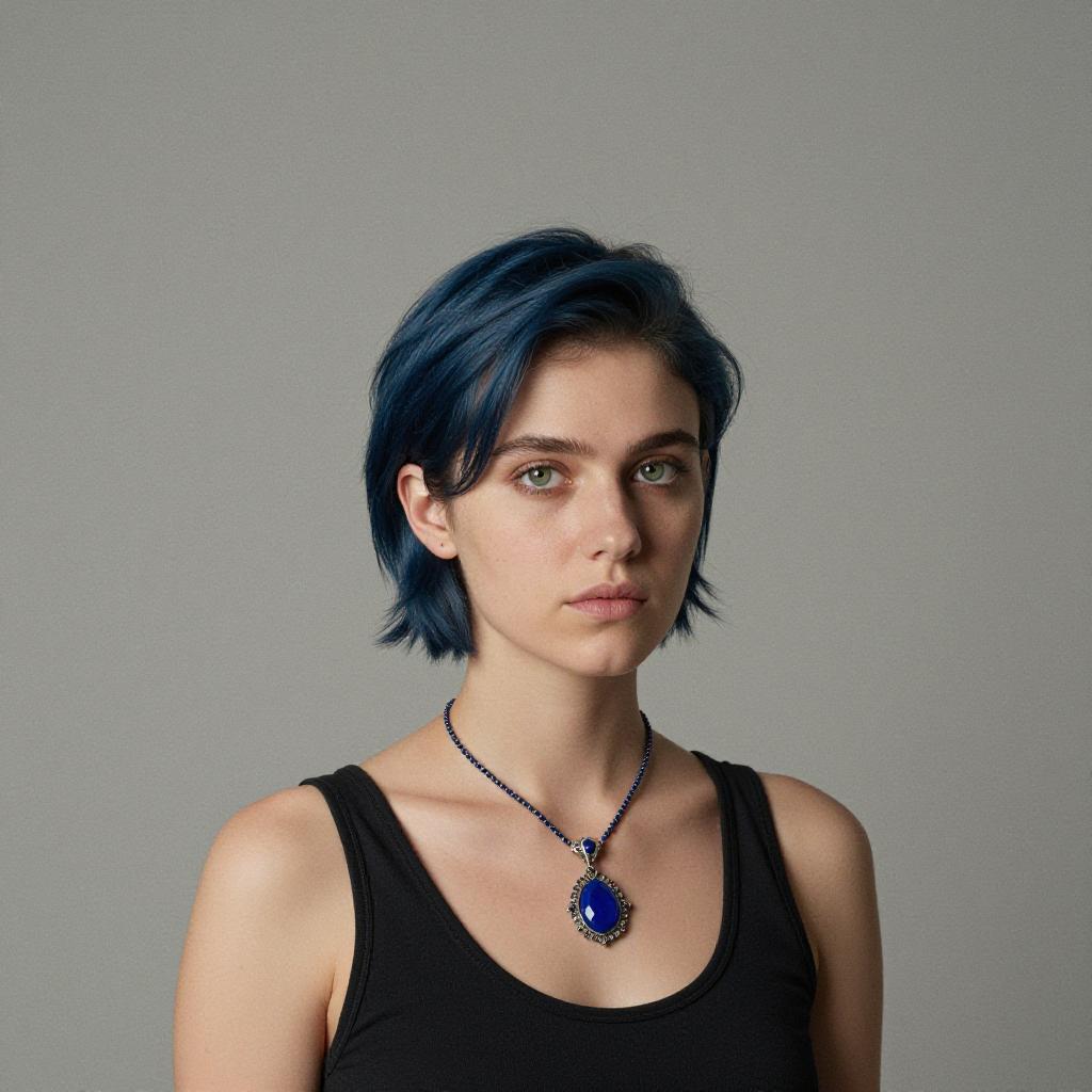 Portrait of Woman with Blue Hair and Blue Gemstone Necklace