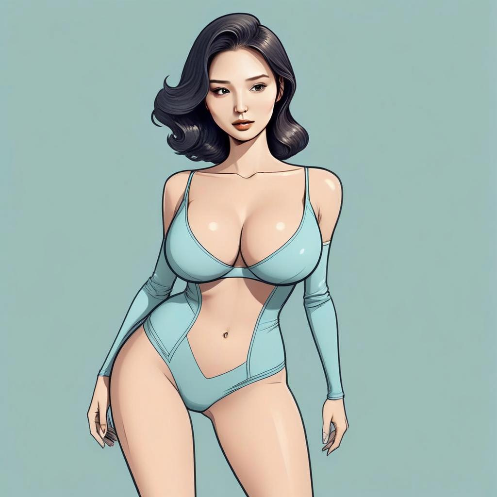 Woman in Light Blue Bodysuit with Dark Hair