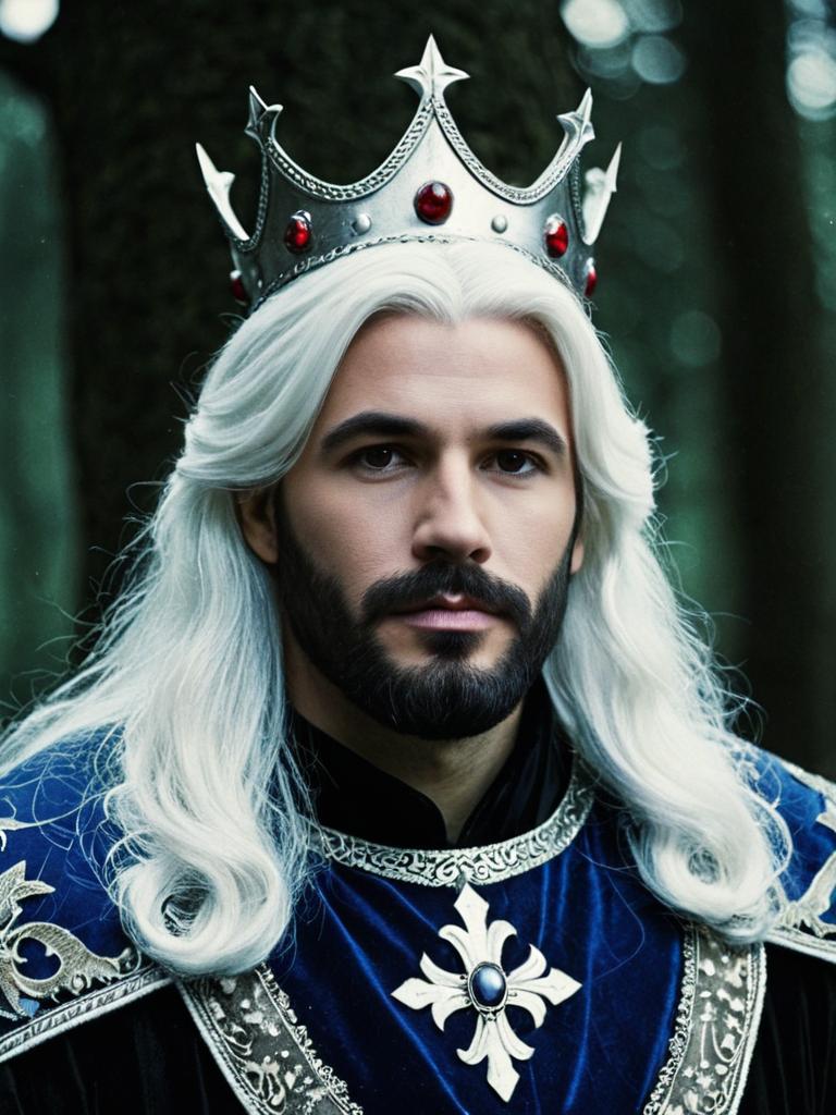 Regal Man in Grimm Fairy Tale Costume with Silver Crown and White Hair