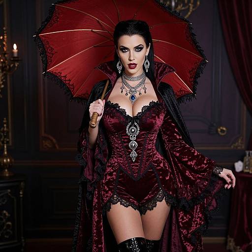 Elegant Gothic Vampire Woman in Burgundy Velvet Costume with Parasol