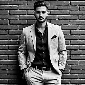 Confident Man in Light Suit Against Brick Wall