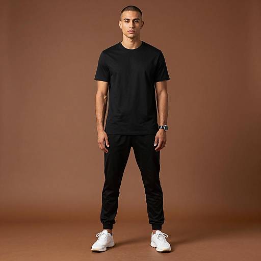 Young Man in Casual Black Outfit and White Sneakers on Brown Background