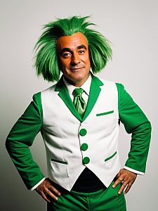 Photorealistic Man in Oompa Loompa Costume with Vibrant Green Hair Studio Portrait