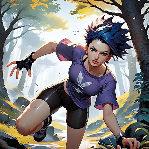 Anime Style Dynamic Woman Running in Forest Digital Artwork