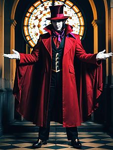 Realistic Mephisto Cosplay Man Wearing Red Coat and Top Hat