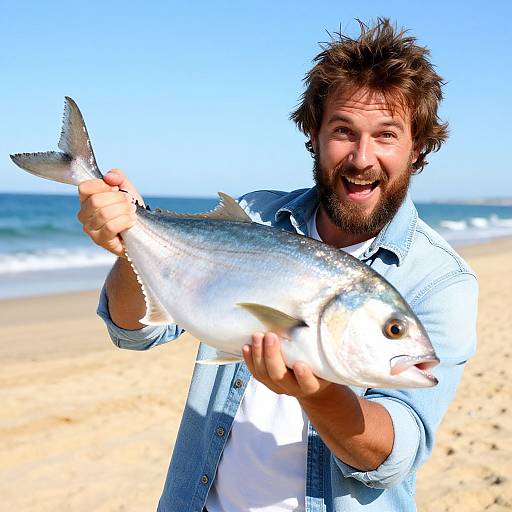 Happy Man Holding Big Fish on Sunny Beach Fishing Trip