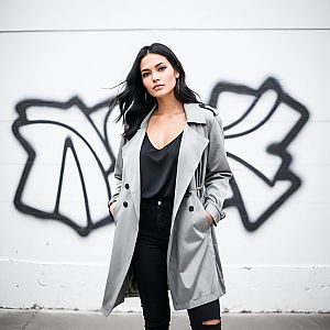 Confident Woman in Gray Trench Coat Against Graffiti Wall