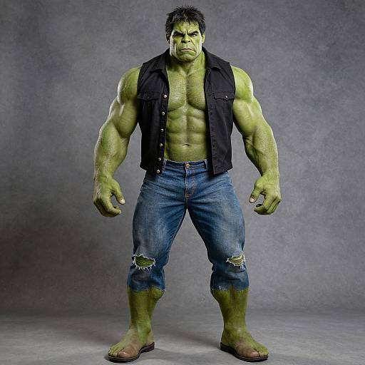 Green Hulk-Inspired Muscular Man in Black Vest and Ripped Jeans