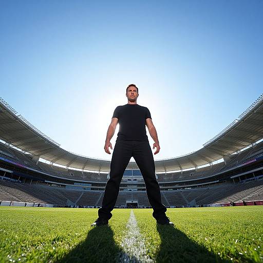 Confident Man Standing in Empty Sports Stadium on Green Field