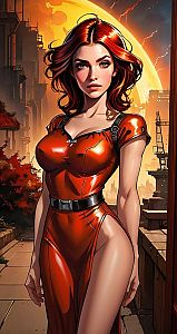 Futuristic Red-Haired Woman in Sci-Fi Cyberpunk Cityscape Digital Art