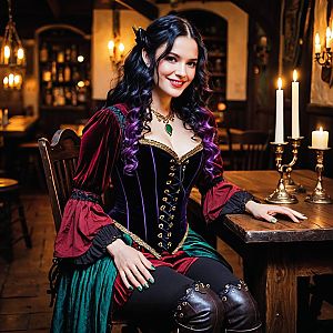 Woman in Renaissance Style Costume Sitting in Rustic Tavern with Candlelight