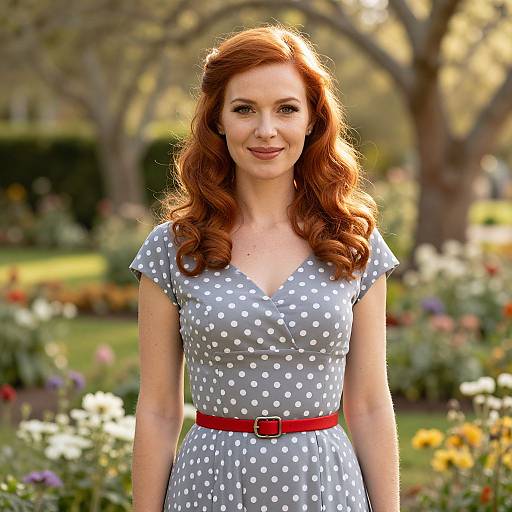 Red-Haired Woman in Grey Polka Dot Dress with Red Belt in Garden