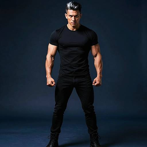 Portrait of Muscular Man with Stylish Black and White Hair in Black Outfit