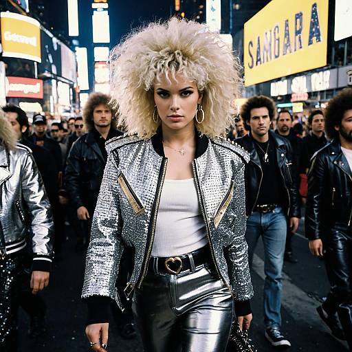 80s Style Woman in Silver Sequin Jacket Leading Group in Urban Night Scene