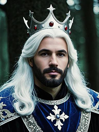 Regal Man in Grimm Fairy Tale Costume with Silver Crown and White Hair