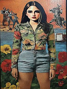 Confident Woman in Colorful Action-Themed Art