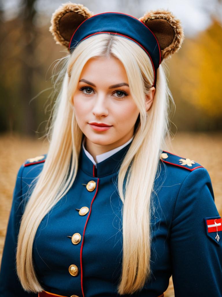 Blonde Woman in Blue Military-Style Uniform with Bear Ears Hat Outdoors