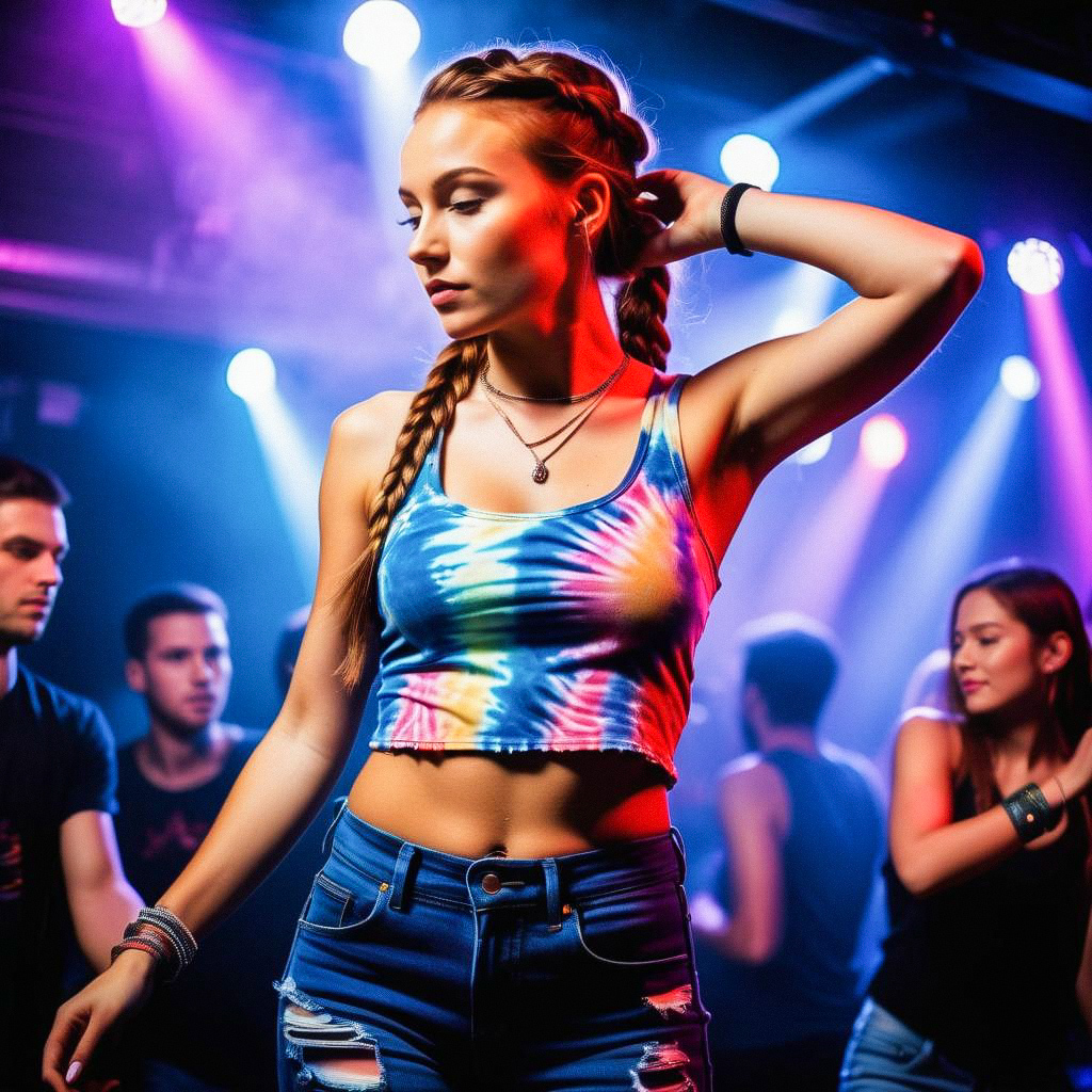 Vibrant Dance Scene with Confident Woman in Tie-Dye Top Vibrant Dance Scene with Confident Woman in Tie-Dye Top