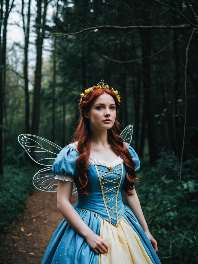 Photorealistic Fairy Tale Cosplay Woman in Belle Dress with Wings in Forest