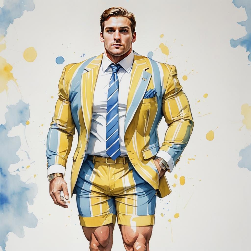 Stylish Man in Yellow and Blue Striped Suit with Shorts - Modern Illustration