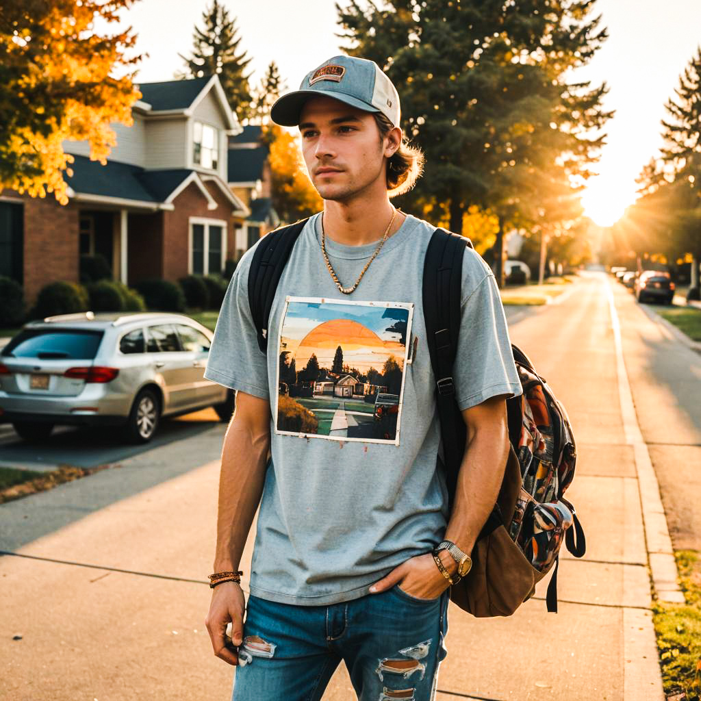 Confident Young Man in Stylish T-Shirt on Suburban Street