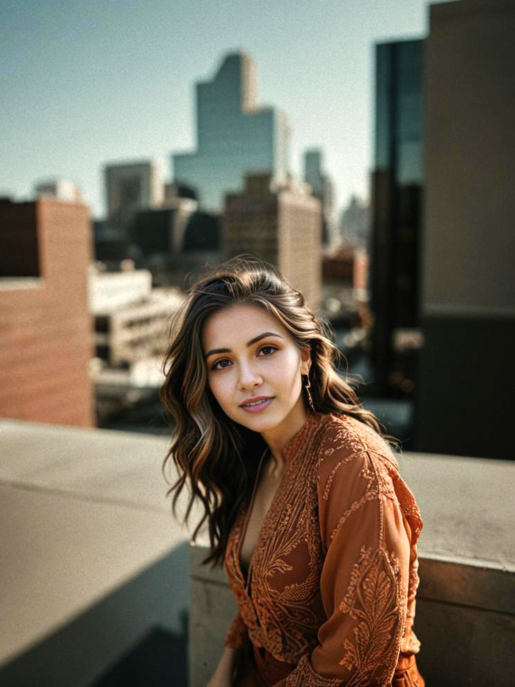 Confident Woman on Rooftop with City Skyline