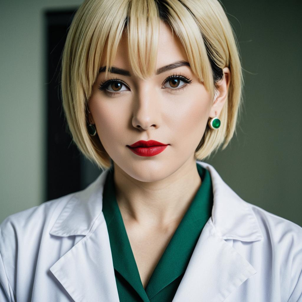 Professional Woman in White Lab Coat with Blonde Bob Hairstyle