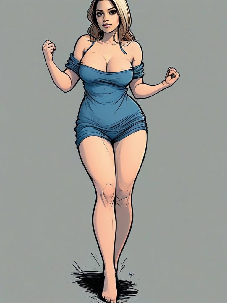 Curvy Woman in Blue Romper Digital Comic Style Illustration