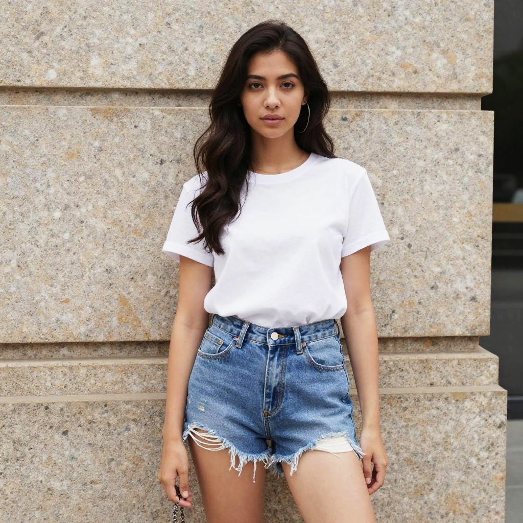 Young Woman Wearing Casual White T-Shirt and Distressed Denim Shorts in Street Style