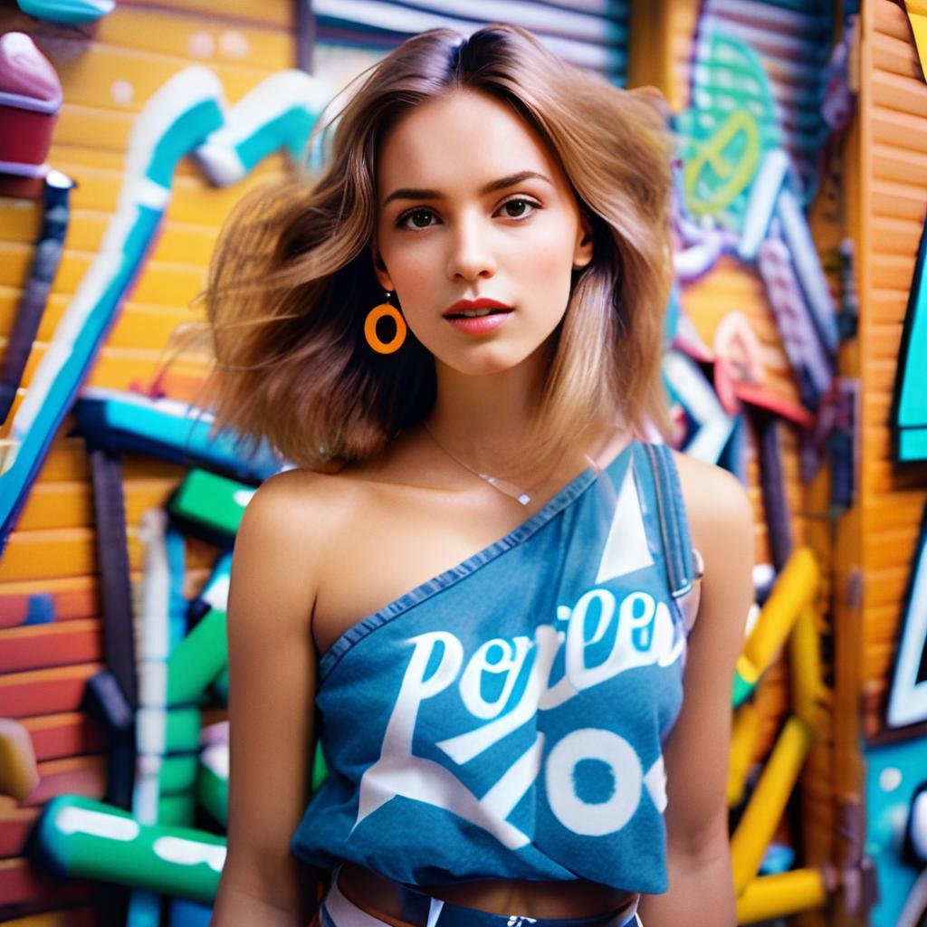 Young Woman in Urban Denim Top with Graffiti Background